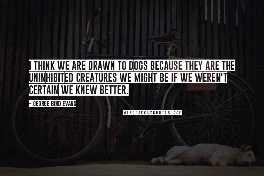 George Bird Evans Quotes: I think we are drawn to dogs because they are the uninhibited creatures we might be if we weren't certain we knew better.