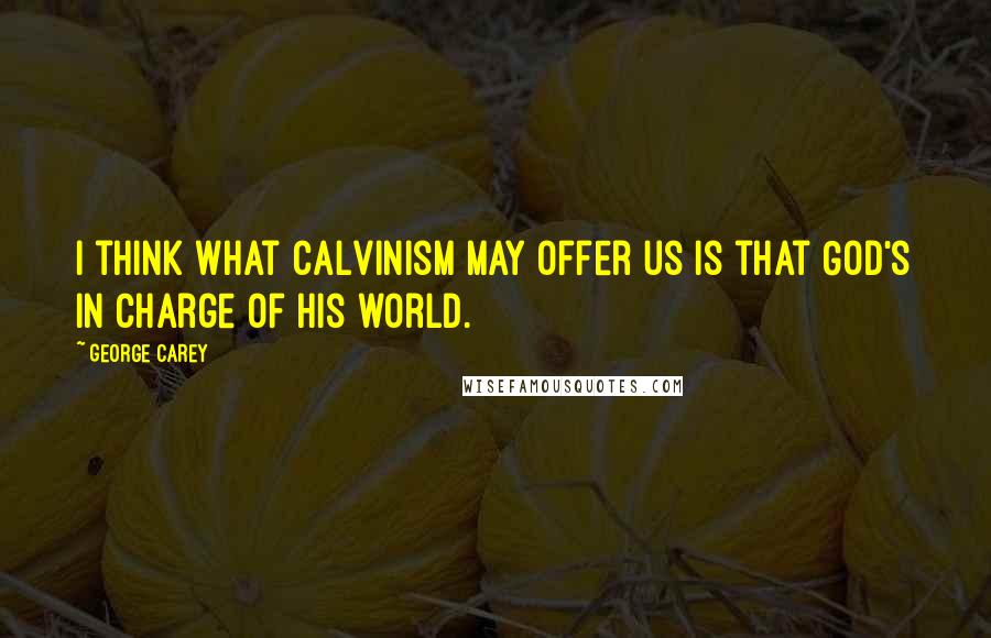 George Carey Quotes: I think what Calvinism may offer us is that God's in charge of his world.