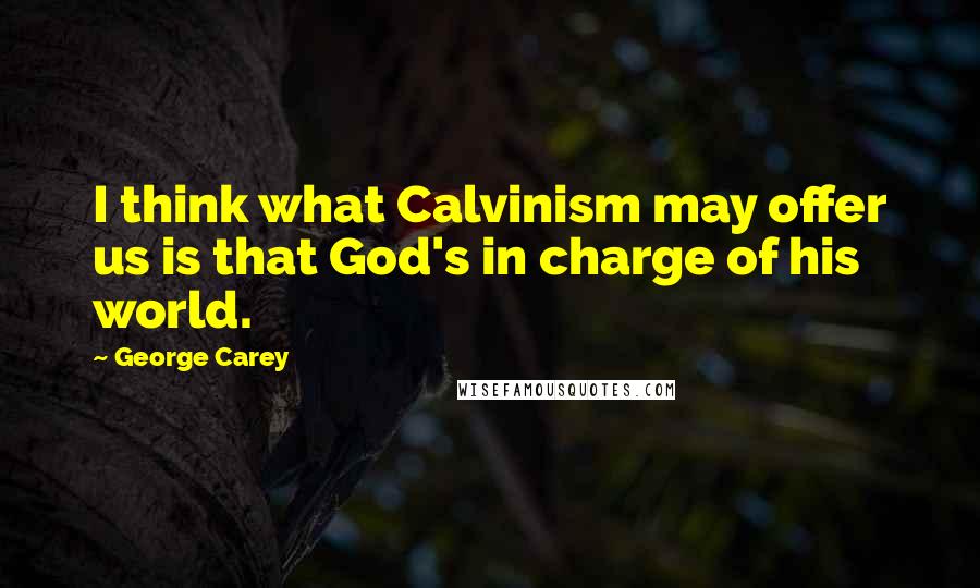 George Carey Quotes: I think what Calvinism may offer us is that God's in charge of his world.