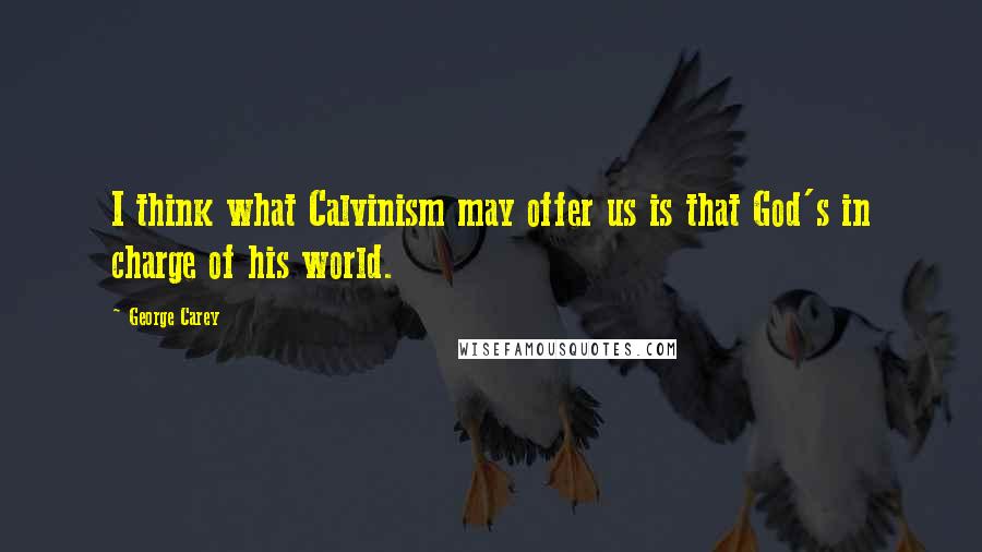 George Carey Quotes: I think what Calvinism may offer us is that God's in charge of his world.