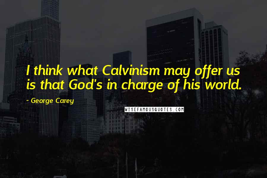 George Carey Quotes: I think what Calvinism may offer us is that God's in charge of his world.
