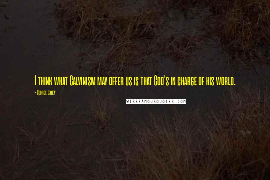 George Carey Quotes: I think what Calvinism may offer us is that God's in charge of his world.