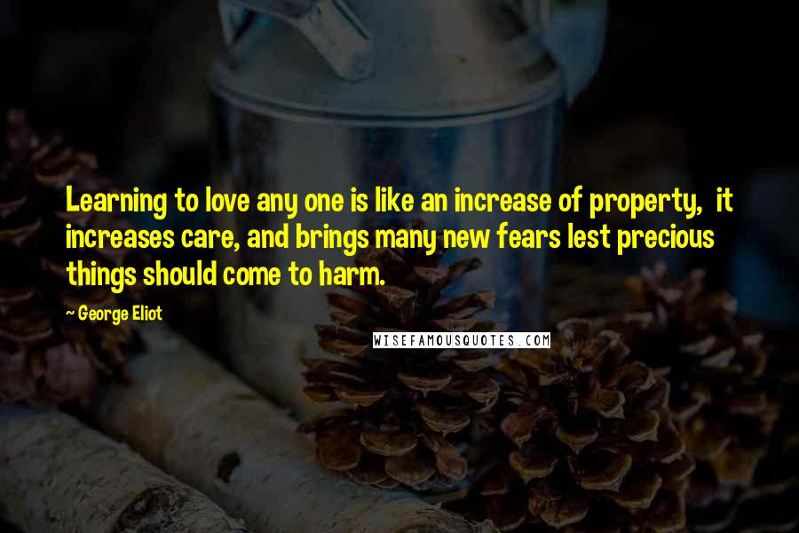 George Eliot Quotes: Learning to love any one is like an increase of property, it increases care, and brings many new fears lest precious things should come to harm.