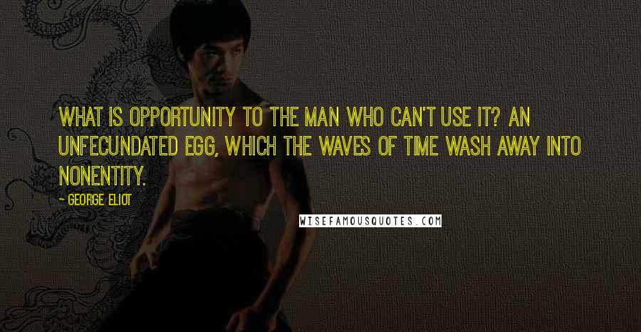 George Eliot Quotes: What is opportunity to the man who can't use it? An unfecundated egg, which the waves of time wash away into nonentity.