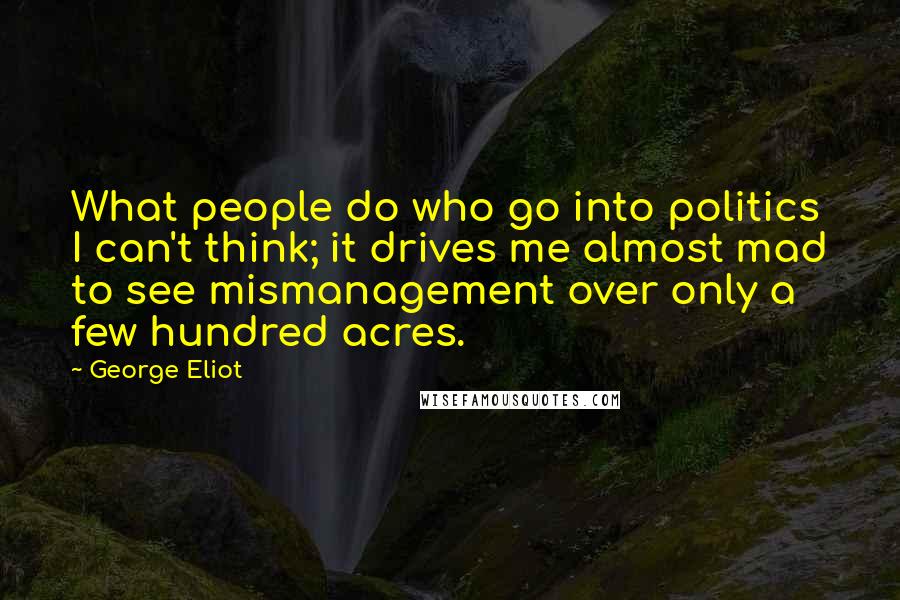 George Eliot Quotes: What people do who go into politics I can't think; it drives me almost mad to see mismanagement over only a few hundred acres.