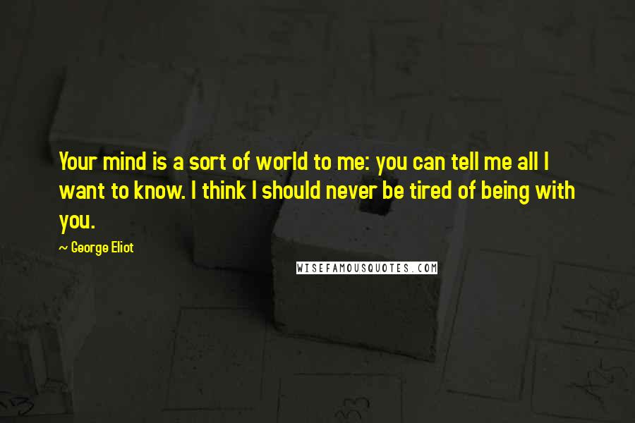 George Eliot Quotes: Your mind is a sort of world to me: you can tell me all I want to know. I think I should never be tired of being with you.