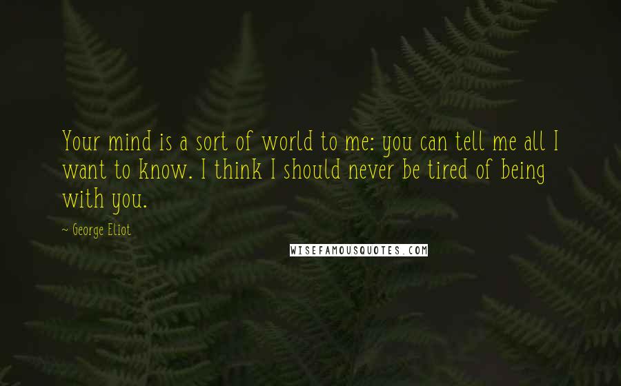 George Eliot Quotes: Your mind is a sort of world to me: you can tell me all I want to know. I think I should never be tired of being with you.