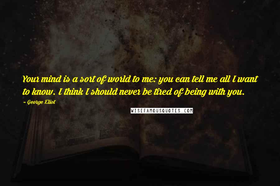 George Eliot Quotes: Your mind is a sort of world to me: you can tell me all I want to know. I think I should never be tired of being with you.