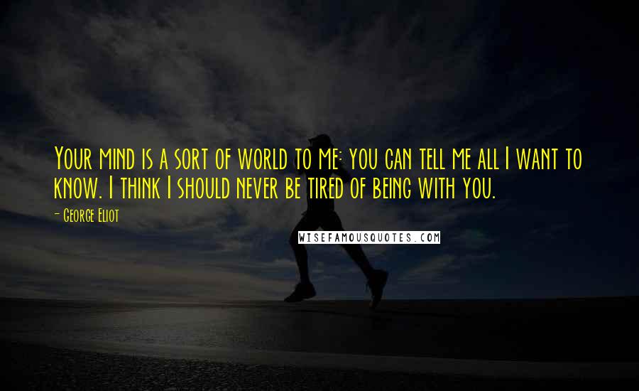 George Eliot Quotes: Your mind is a sort of world to me: you can tell me all I want to know. I think I should never be tired of being with you.