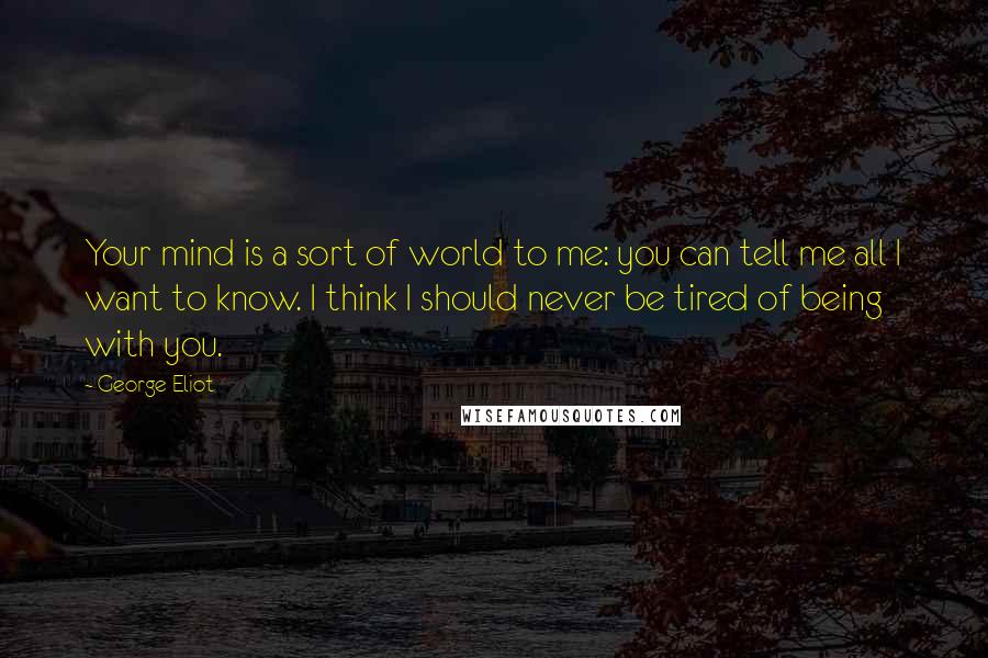 George Eliot Quotes: Your mind is a sort of world to me: you can tell me all I want to know. I think I should never be tired of being with you.