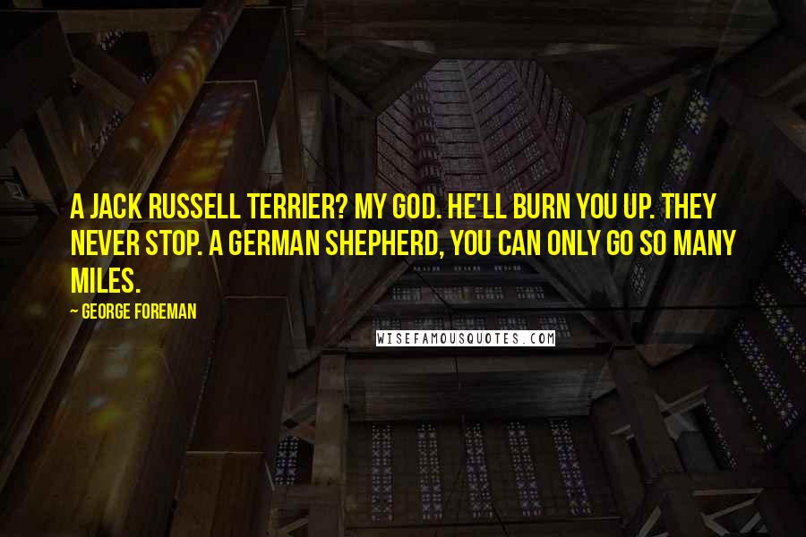 George Foreman Quotes: A Jack Russell terrier? My god. He'll burn you up. They never stop. A German shepherd, you can only go so many miles.