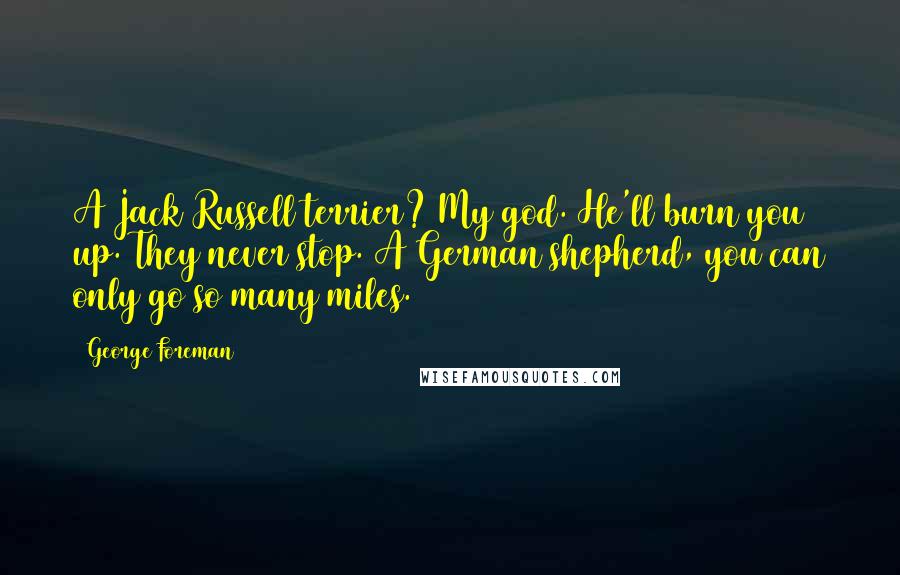 George Foreman Quotes: A Jack Russell terrier? My god. He'll burn you up. They never stop. A German shepherd, you can only go so many miles.