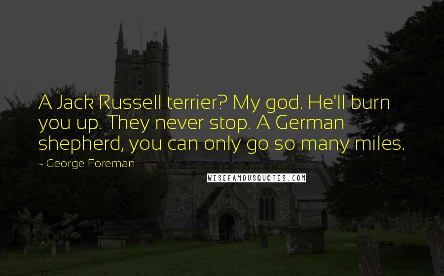 George Foreman Quotes: A Jack Russell terrier? My god. He'll burn you up. They never stop. A German shepherd, you can only go so many miles.