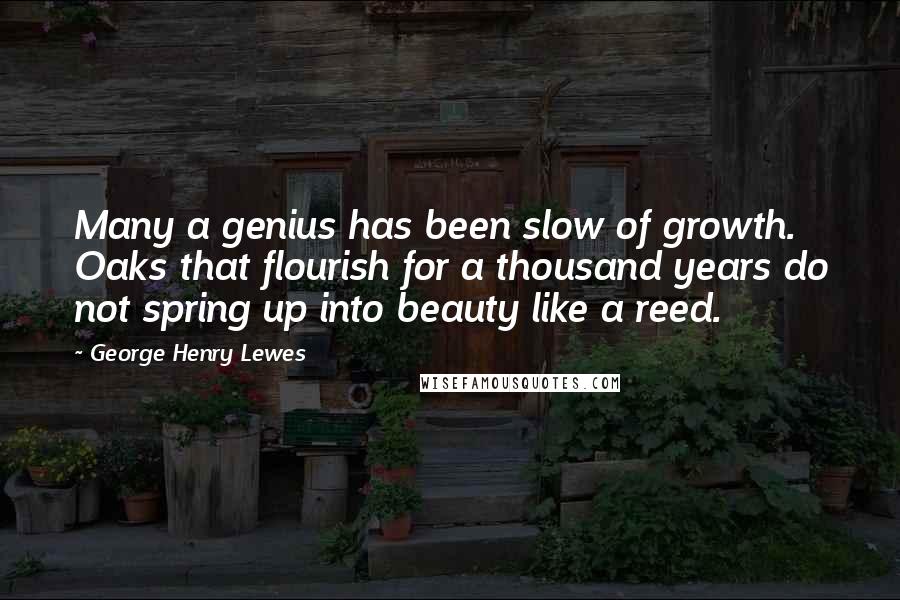 George Henry Lewes Quotes: Many a genius has been slow of growth. Oaks that flourish for a thousand years do not spring up into beauty like a reed.