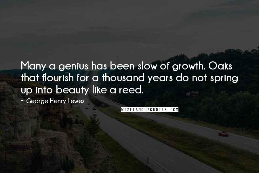 George Henry Lewes Quotes: Many a genius has been slow of growth. Oaks that flourish for a thousand years do not spring up into beauty like a reed.