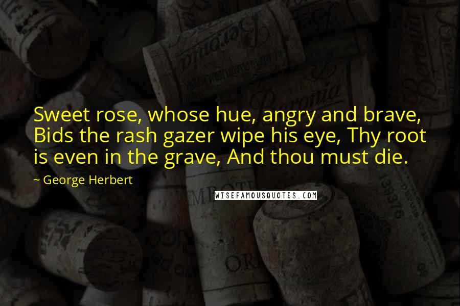 George Herbert Quotes: Sweet rose, whose hue, angry and brave, Bids the rash gazer wipe his eye, Thy root is even in the grave, And thou must die.