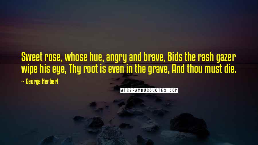 George Herbert Quotes: Sweet rose, whose hue, angry and brave, Bids the rash gazer wipe his eye, Thy root is even in the grave, And thou must die.