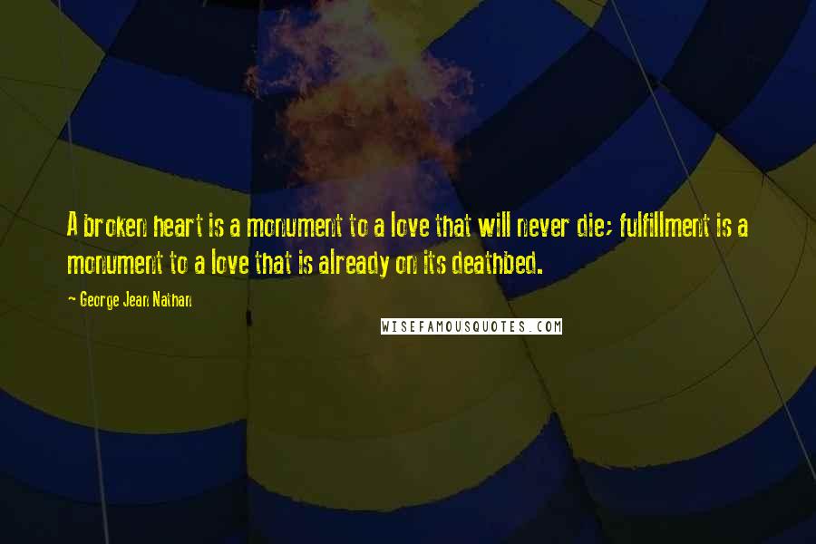 George Jean Nathan Quotes: A broken heart is a monument to a love that will never die; fulfillment is a monument to a love that is already on its deathbed.