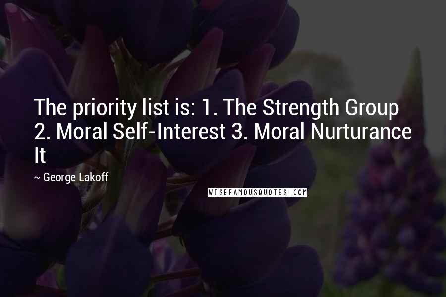 George Lakoff Quotes: The priority list is: 1. The Strength Group 2. Moral Self-Interest 3. Moral Nurturance It