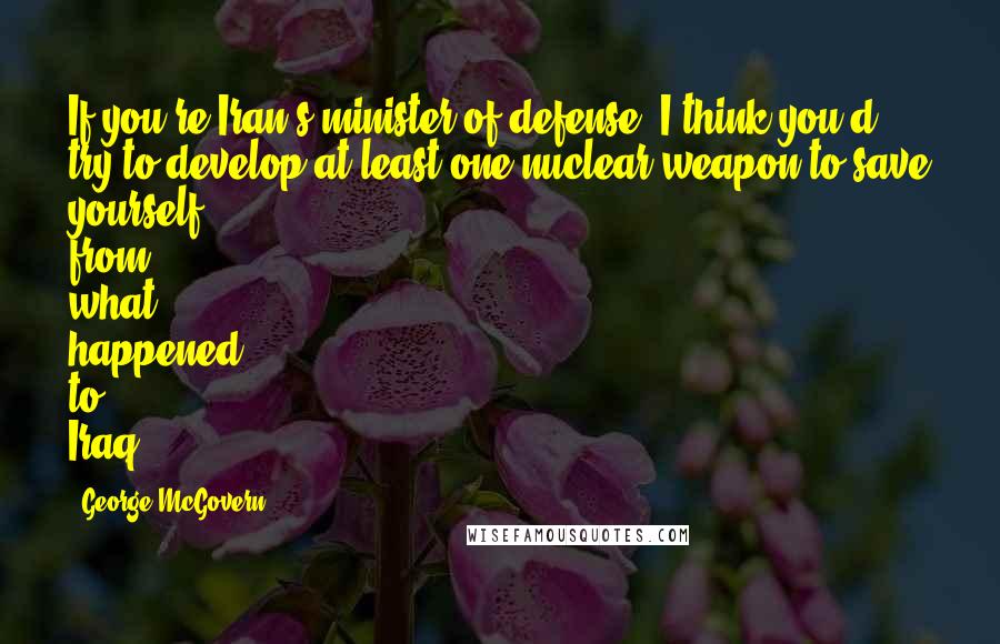 George McGovern Quotes: If you're Iran's minister of defense, I think you'd try to develop at least one nuclear weapon to save yourself from what happened to Iraq.