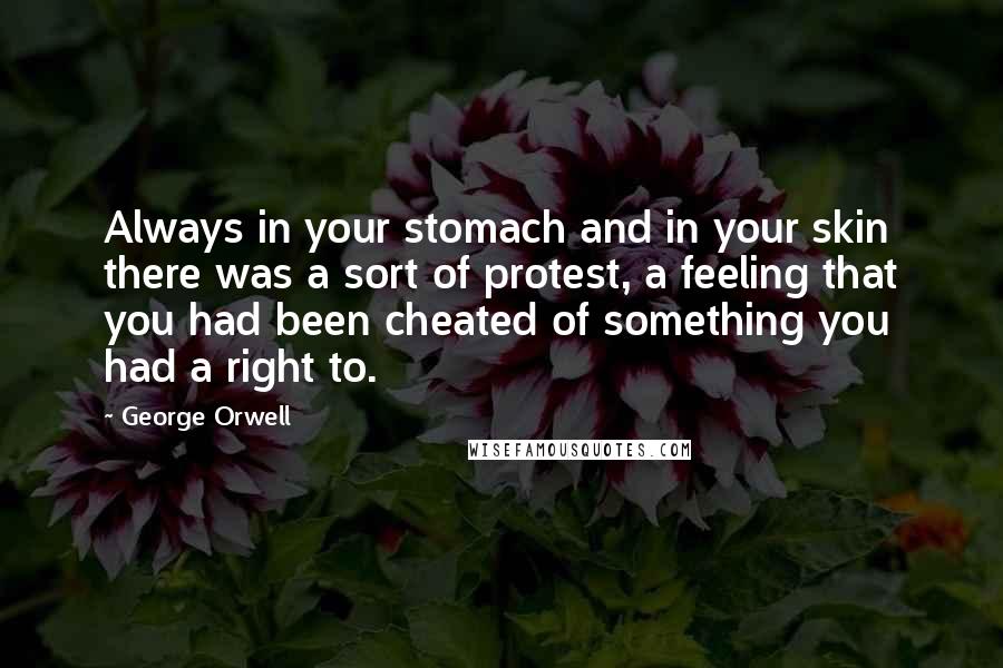 George Orwell Quotes: Always in your stomach and in your skin there was a sort of protest, a feeling that you had been cheated of something you had a right to.