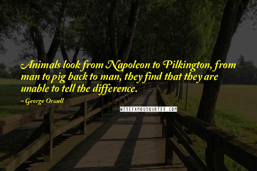 George Orwell Quotes: Animals look from Napoleon to Pilkington, from man to pig back to man, they find that they are unable to tell the difference.