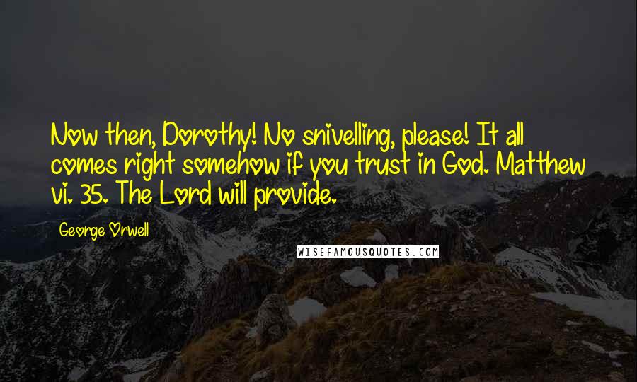 George Orwell Quotes: Now then, Dorothy! No snivelling, please! It all comes right somehow if you trust in God. Matthew vi. 35. The Lord will provide.