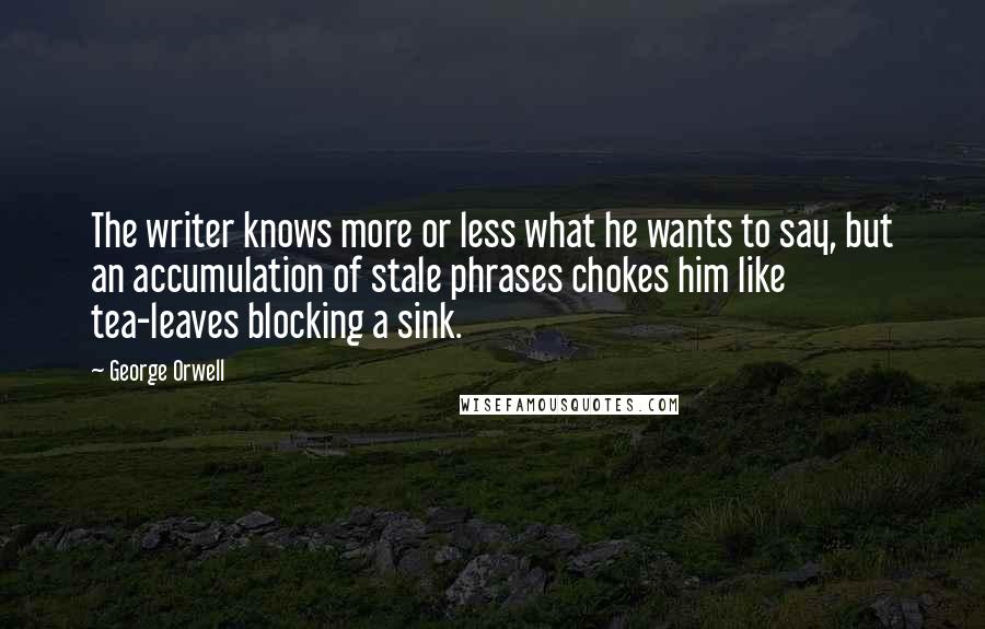 George Orwell Quotes: The writer knows more or less what he wants to say, but an accumulation of stale phrases chokes him like tea-leaves blocking a sink.