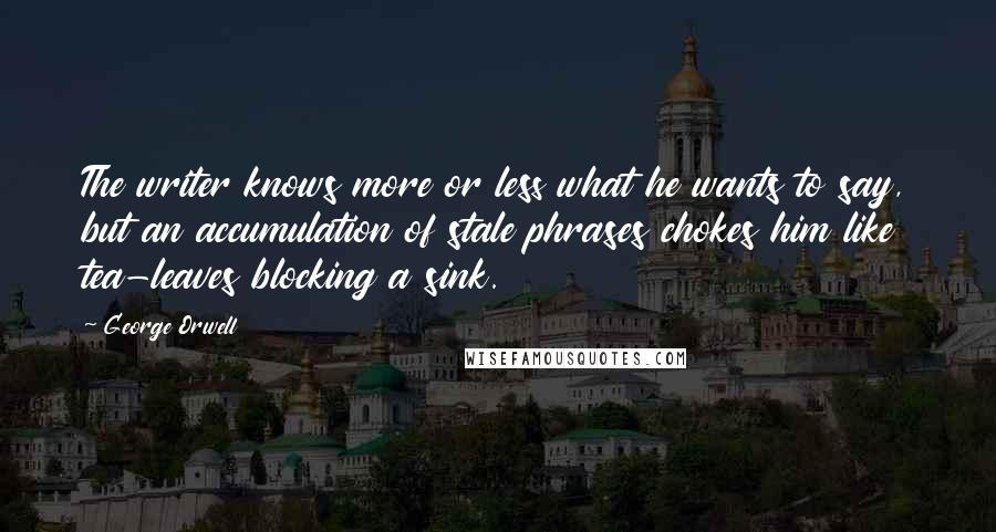 George Orwell Quotes: The writer knows more or less what he wants to say, but an accumulation of stale phrases chokes him like tea-leaves blocking a sink.