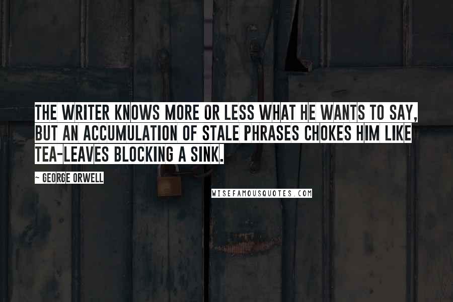 George Orwell Quotes: The writer knows more or less what he wants to say, but an accumulation of stale phrases chokes him like tea-leaves blocking a sink.