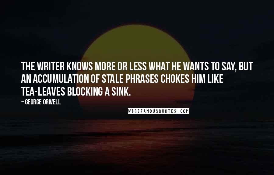 George Orwell Quotes: The writer knows more or less what he wants to say, but an accumulation of stale phrases chokes him like tea-leaves blocking a sink.