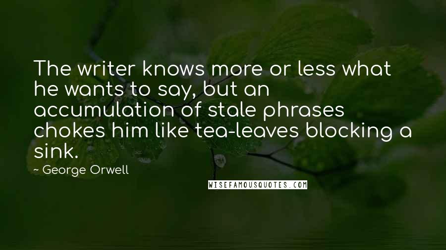 George Orwell Quotes: The writer knows more or less what he wants to say, but an accumulation of stale phrases chokes him like tea-leaves blocking a sink.