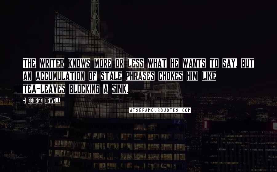 George Orwell Quotes: The writer knows more or less what he wants to say, but an accumulation of stale phrases chokes him like tea-leaves blocking a sink.