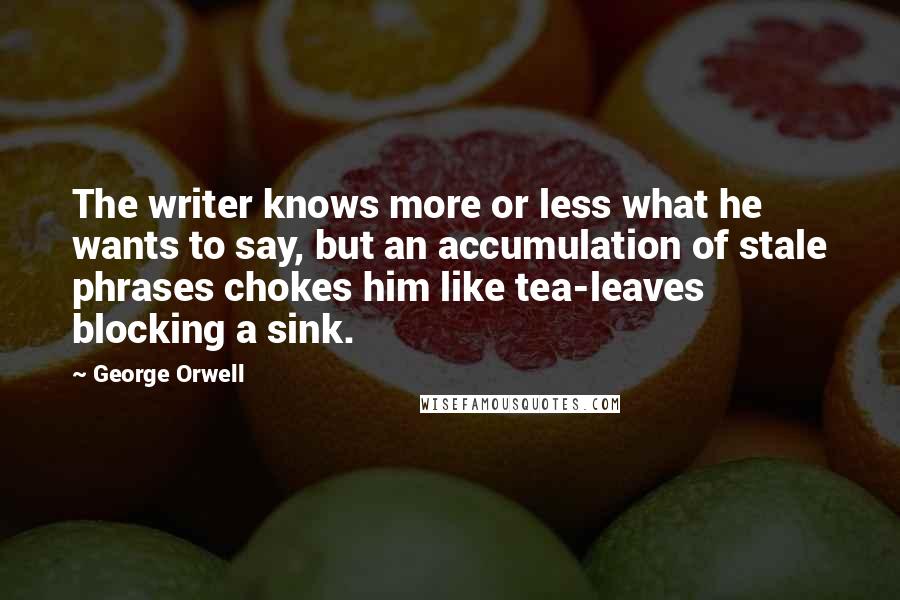 George Orwell Quotes: The writer knows more or less what he wants to say, but an accumulation of stale phrases chokes him like tea-leaves blocking a sink.