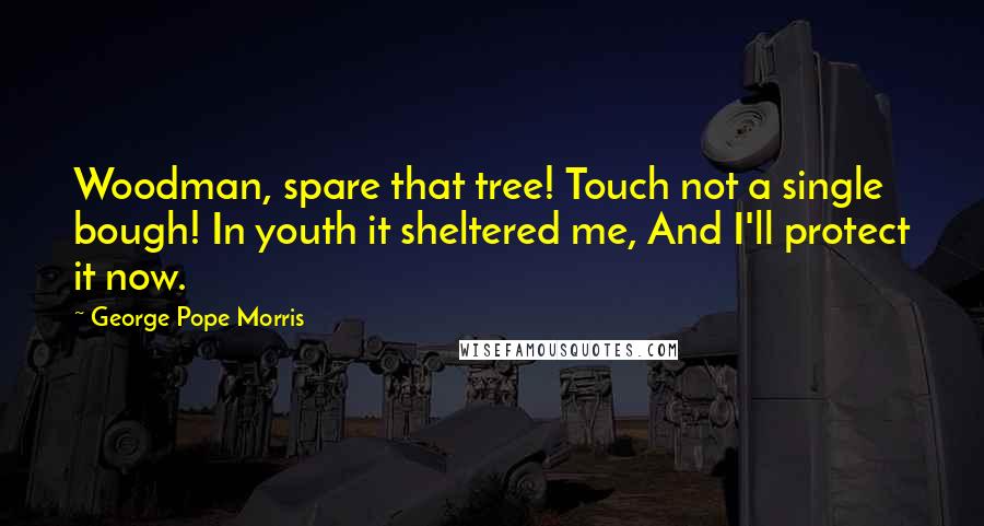 George Pope Morris Quotes: Woodman, spare that tree! Touch not a single bough! In youth it sheltered me, And I'll protect it now.