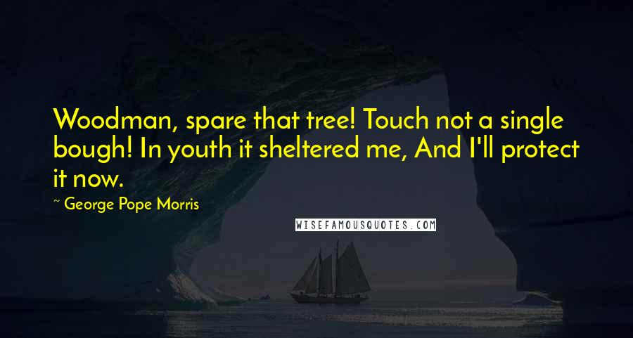 George Pope Morris Quotes: Woodman, spare that tree! Touch not a single bough! In youth it sheltered me, And I'll protect it now.