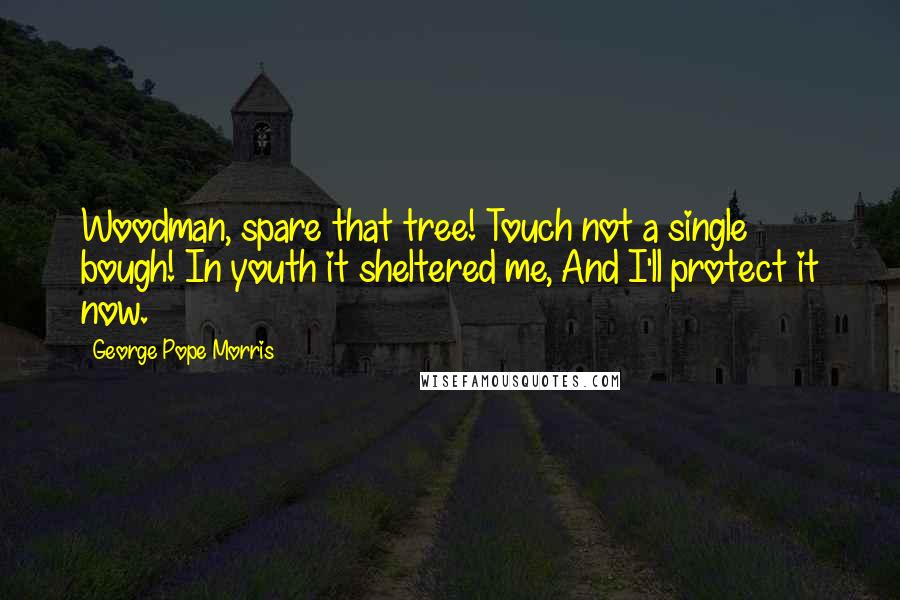 George Pope Morris Quotes: Woodman, spare that tree! Touch not a single bough! In youth it sheltered me, And I'll protect it now.