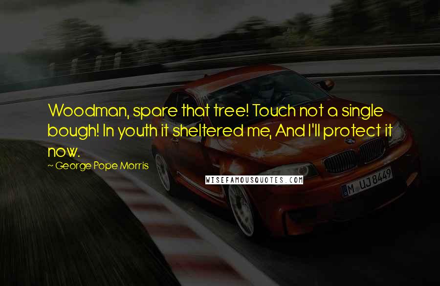 George Pope Morris Quotes: Woodman, spare that tree! Touch not a single bough! In youth it sheltered me, And I'll protect it now.