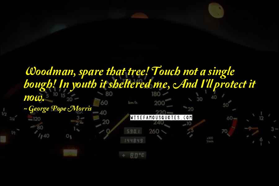 George Pope Morris Quotes: Woodman, spare that tree! Touch not a single bough! In youth it sheltered me, And I'll protect it now.