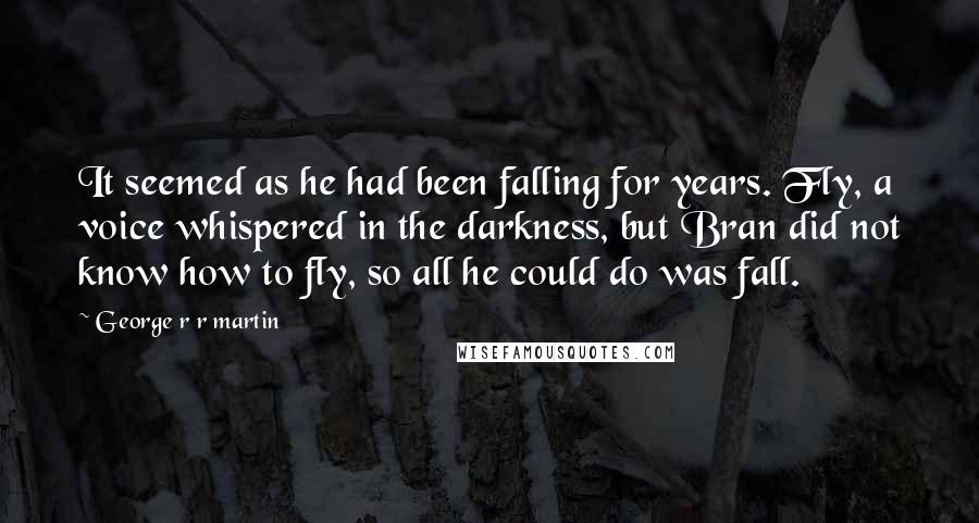 George R R Martin Quotes: It seemed as he had been falling for years. Fly, a voice whispered in the darkness, but Bran did not know how to fly, so all he could do was fall.