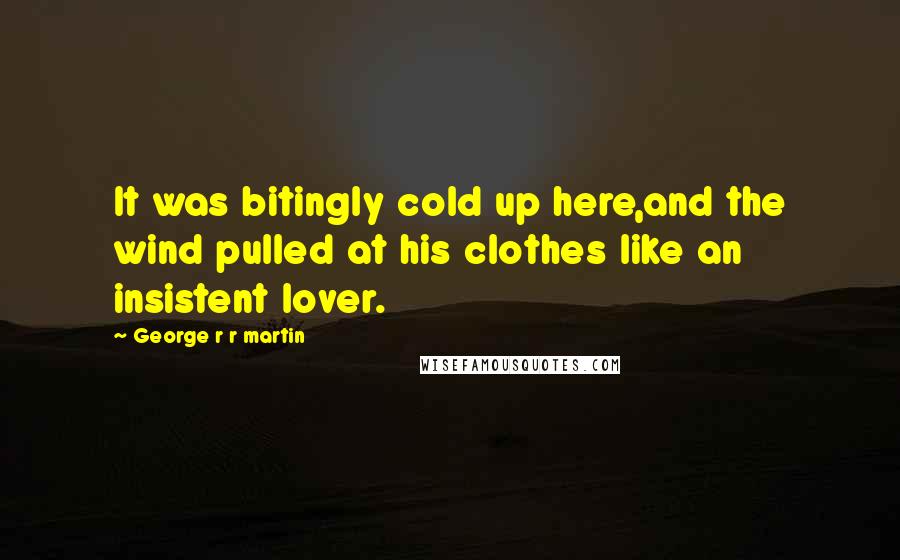 George R R Martin Quotes: It was bitingly cold up here,and the wind pulled at his clothes like an insistent lover.
