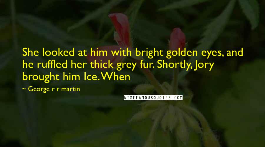 George R R Martin Quotes: She looked at him with bright golden eyes, and he ruffled her thick grey fur. Shortly, Jory brought him Ice. When