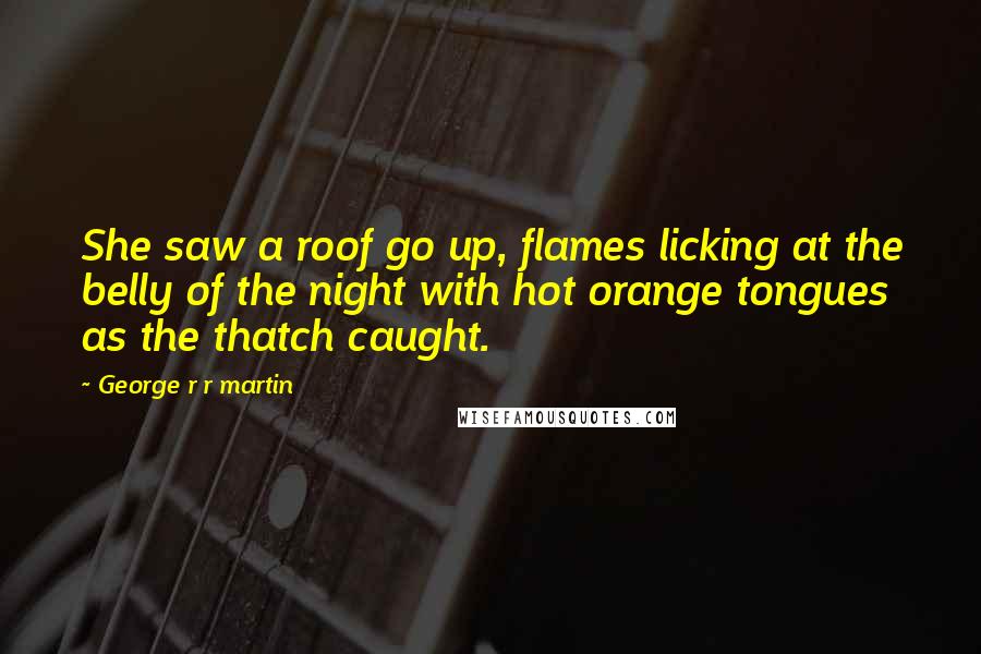 George R R Martin Quotes: She saw a roof go up, flames licking at the belly of the night with hot orange tongues as the thatch caught.