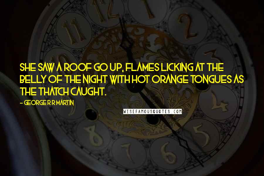 George R R Martin Quotes: She saw a roof go up, flames licking at the belly of the night with hot orange tongues as the thatch caught.