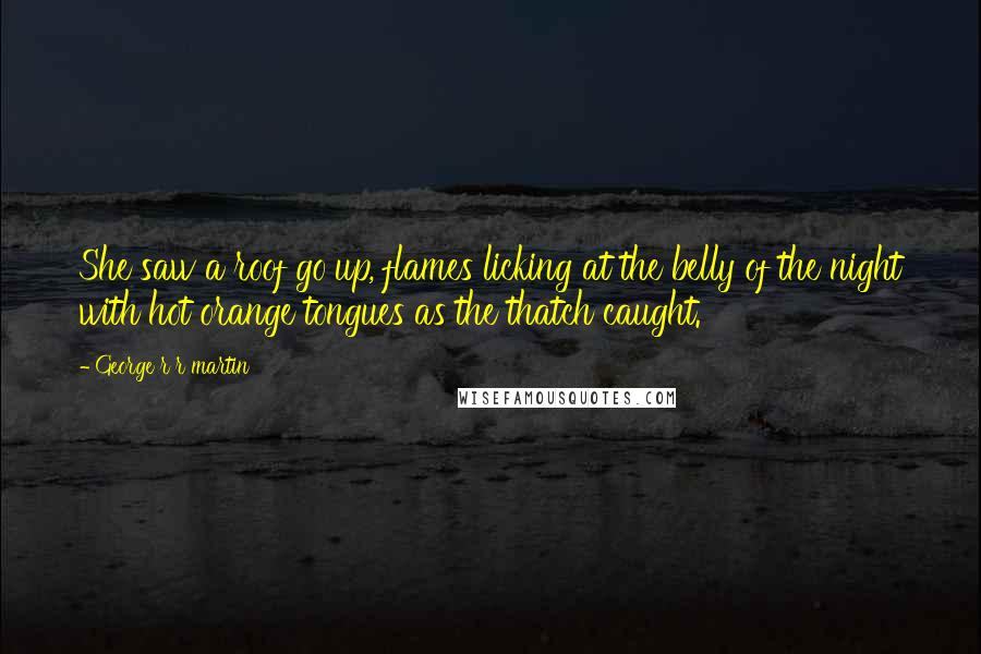 George R R Martin Quotes: She saw a roof go up, flames licking at the belly of the night with hot orange tongues as the thatch caught.