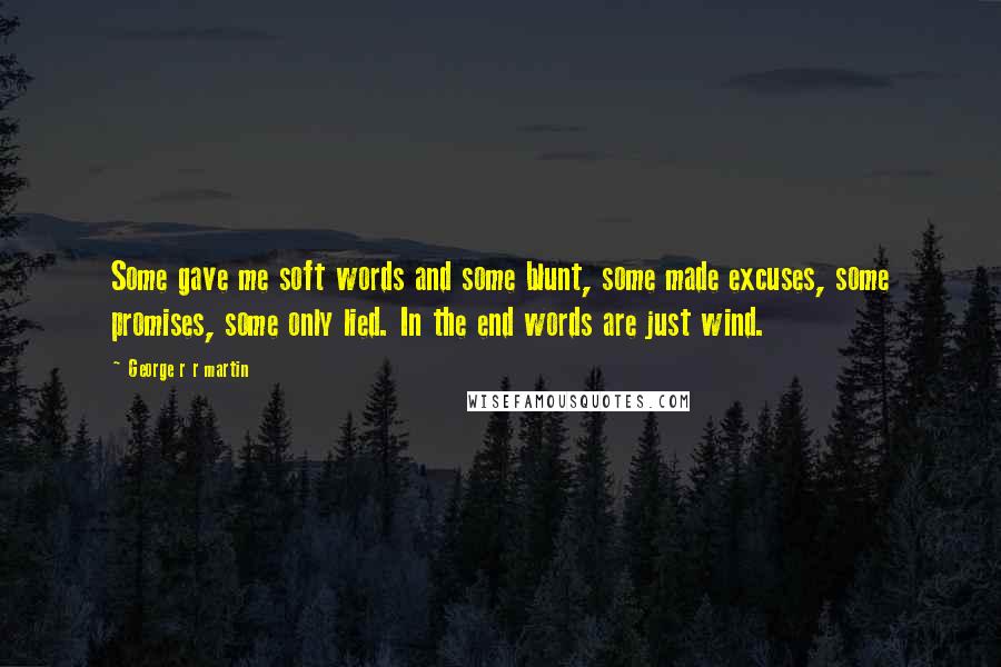 George R R Martin Quotes: Some gave me soft words and some blunt, some made excuses, some promises, some only lied. In the end words are just wind.