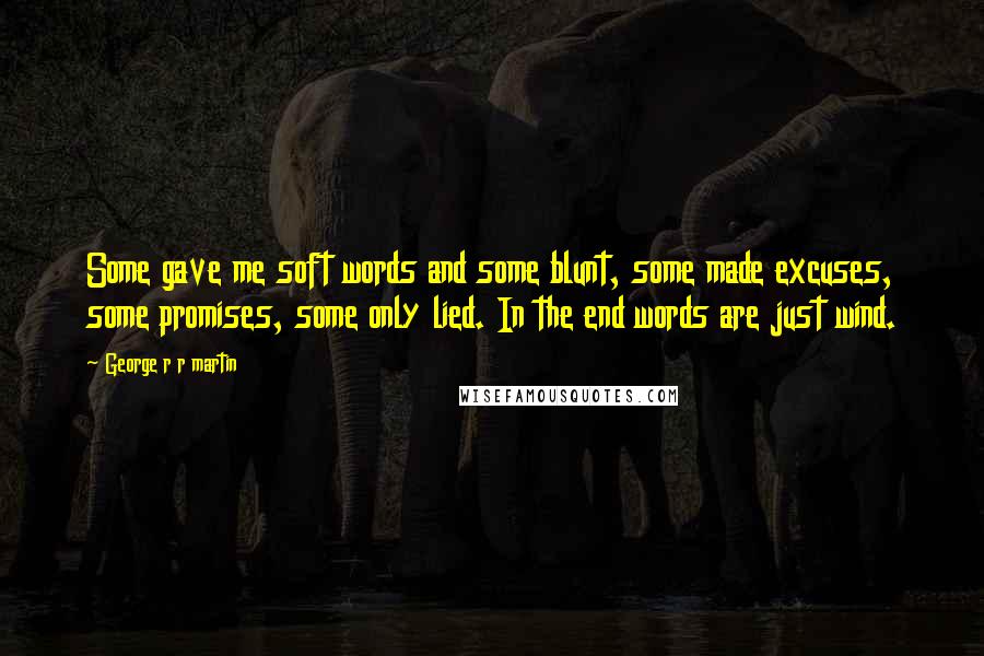 George R R Martin Quotes: Some gave me soft words and some blunt, some made excuses, some promises, some only lied. In the end words are just wind.