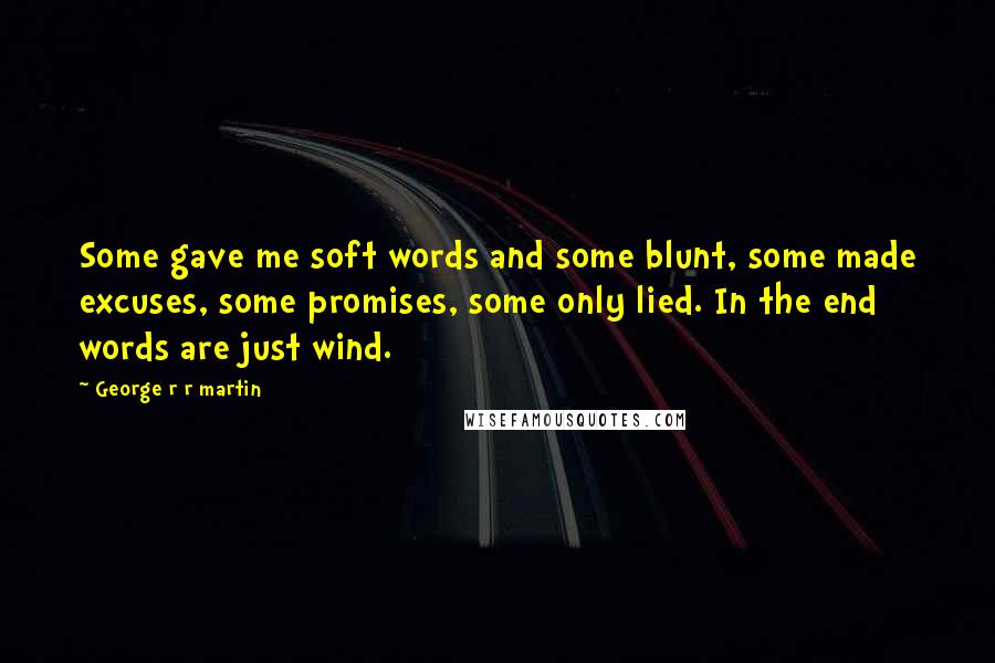 George R R Martin Quotes: Some gave me soft words and some blunt, some made excuses, some promises, some only lied. In the end words are just wind.