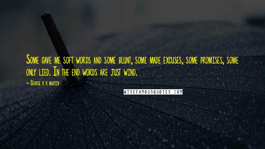 George R R Martin Quotes: Some gave me soft words and some blunt, some made excuses, some promises, some only lied. In the end words are just wind.