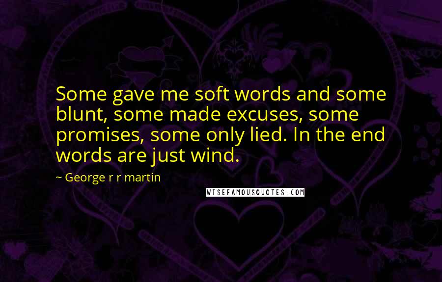 George R R Martin Quotes: Some gave me soft words and some blunt, some made excuses, some promises, some only lied. In the end words are just wind.